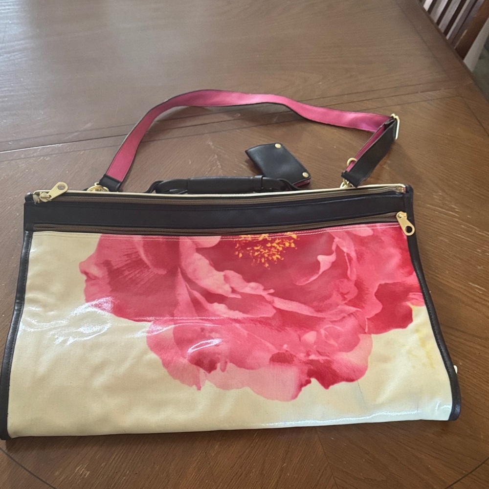 Issac Mizrahi pink floral coated canvas garment bag carryon w/ detachable strap